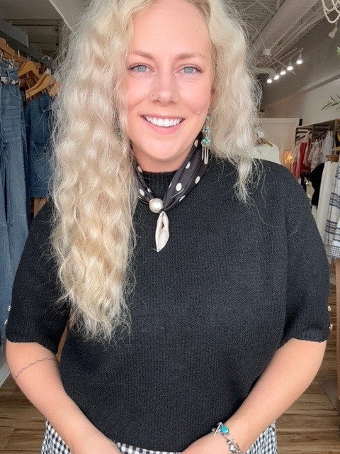 Elbow Sleeve Mock Neck Sweater w/Buttons Detail at Cuff