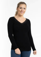 Lace Trim Long Sleeve V-Neck