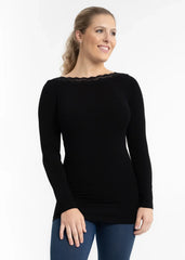 Lace Trim Long Sleeve V-Neck