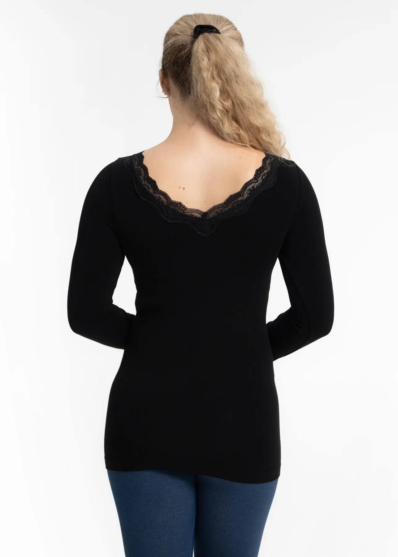 Lace Trim Long Sleeve V-Neck