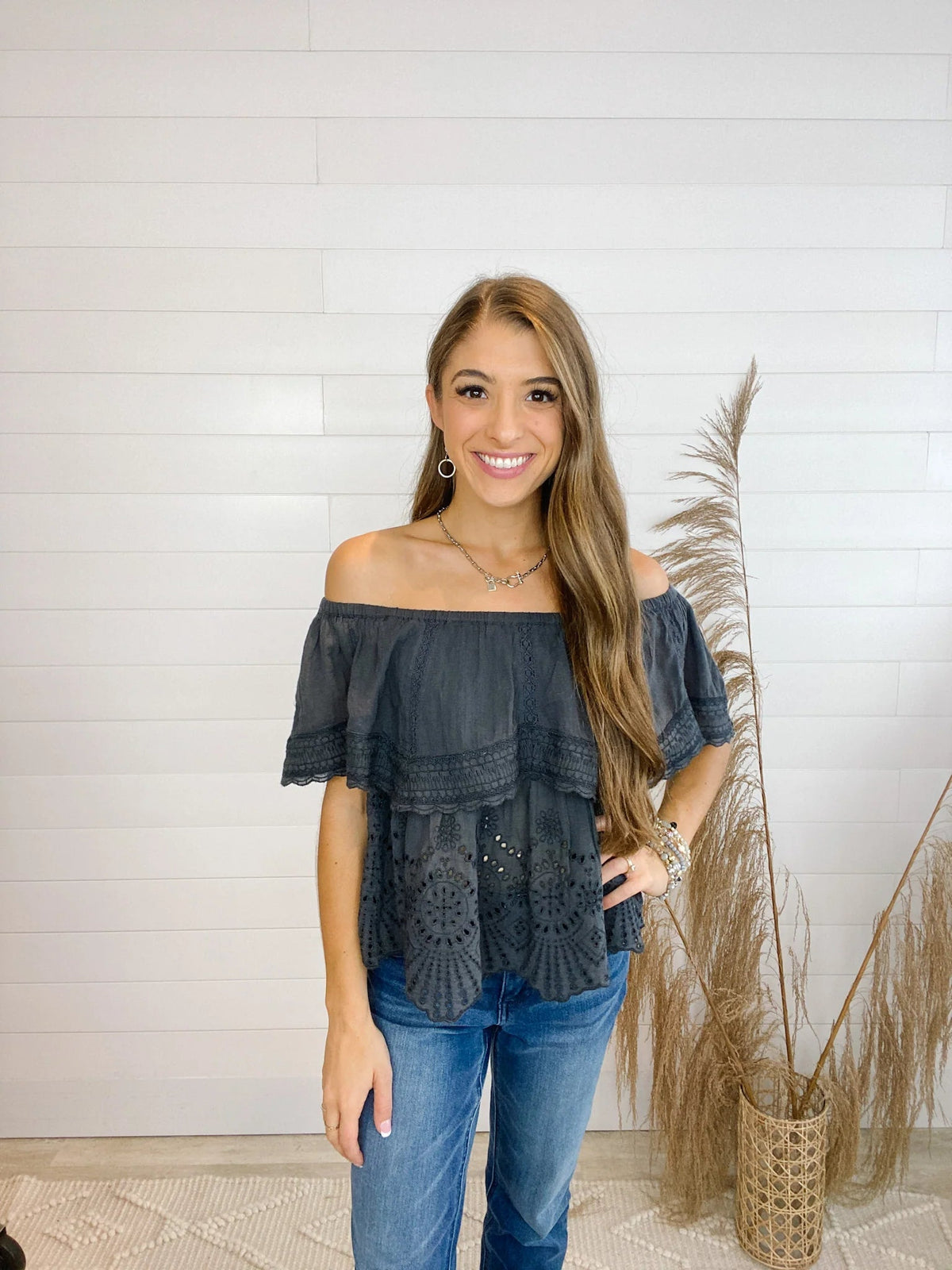 Eyelet off the shoulder top