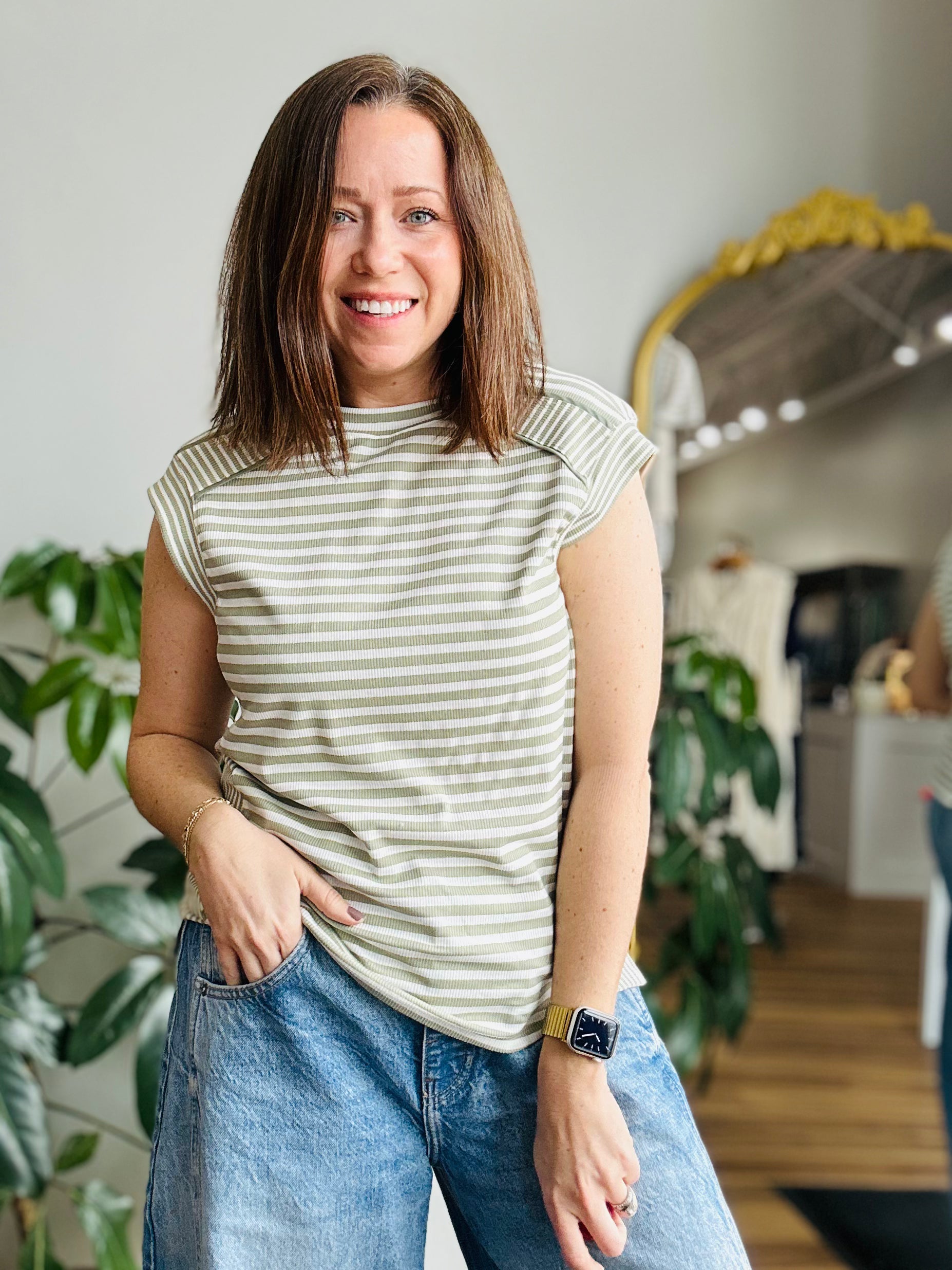 Olive Stripe Shoulder Detail Top