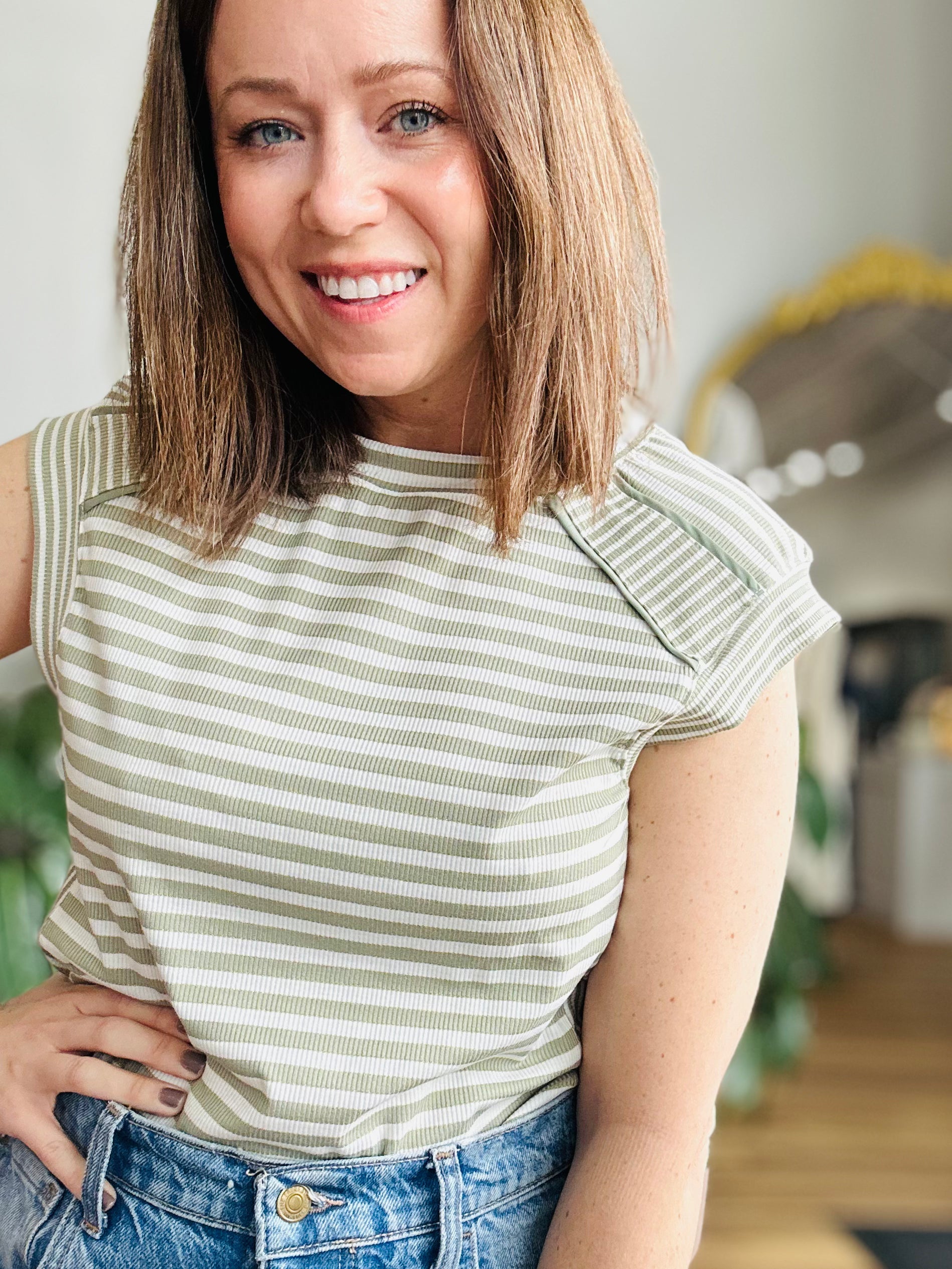 Olive Stripe Shoulder Detail Top