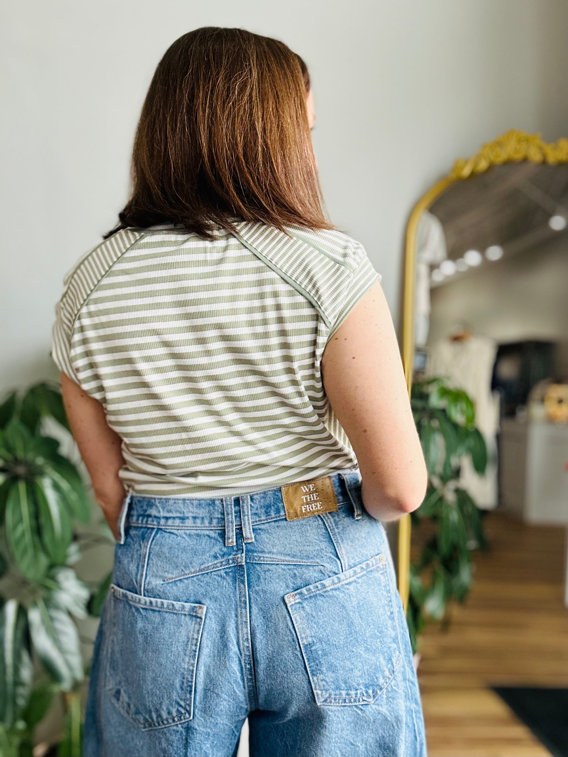 Olive Stripe Shoulder Detail Top