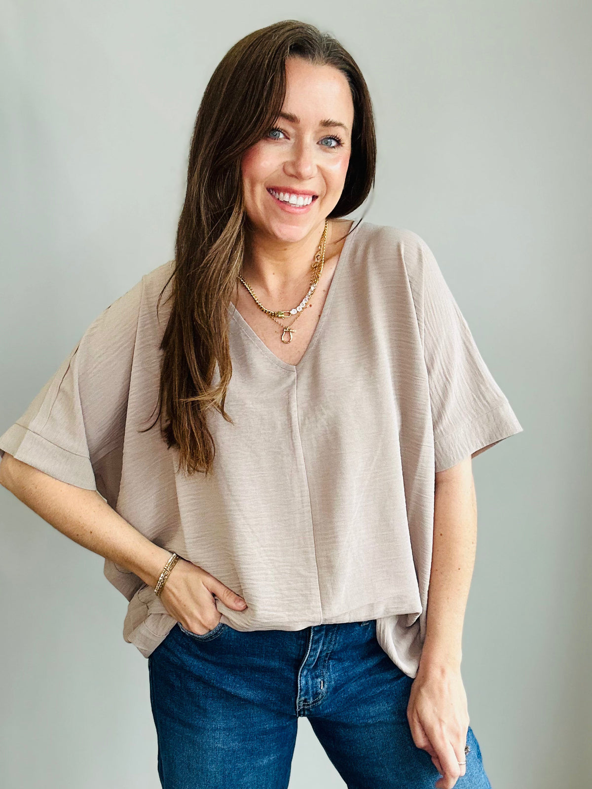 Elegant V-Neck Dolman Sleeve Top