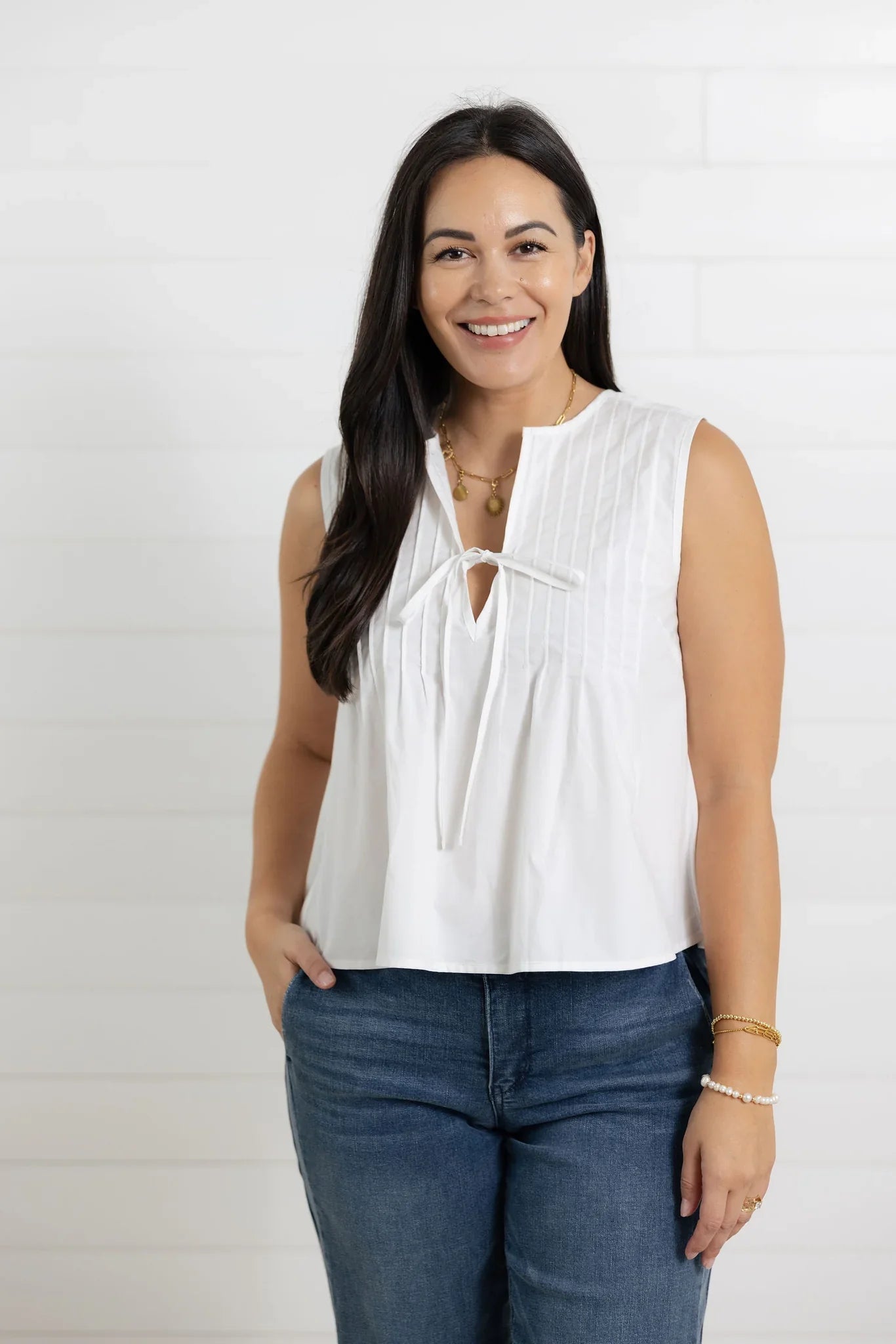 Mac and Me Woven Detail Tie Front Top