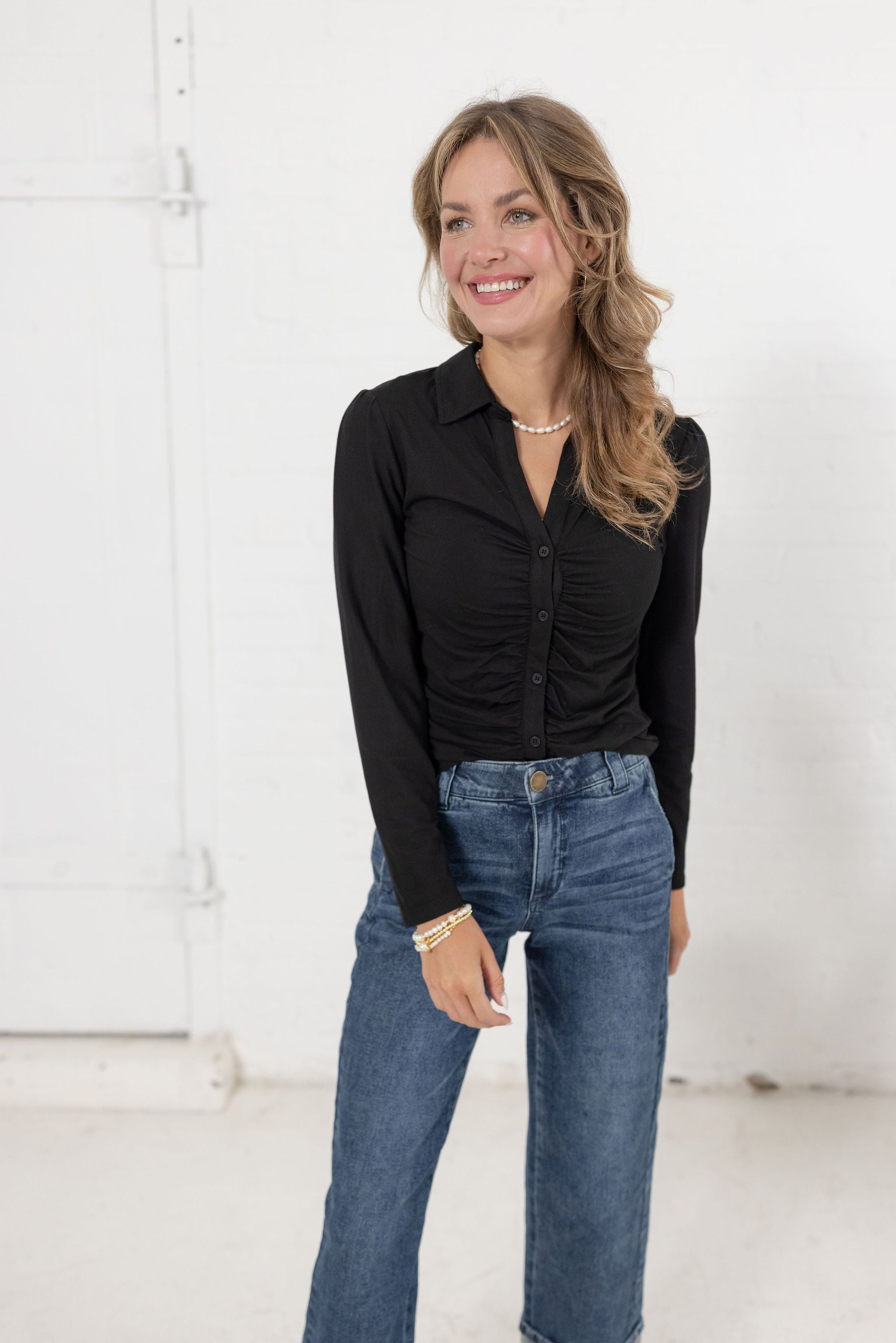 Mac and Me Ruched Placket Long Sleeve Top