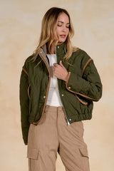 Olive Quilted Corduroy Trim Jacket