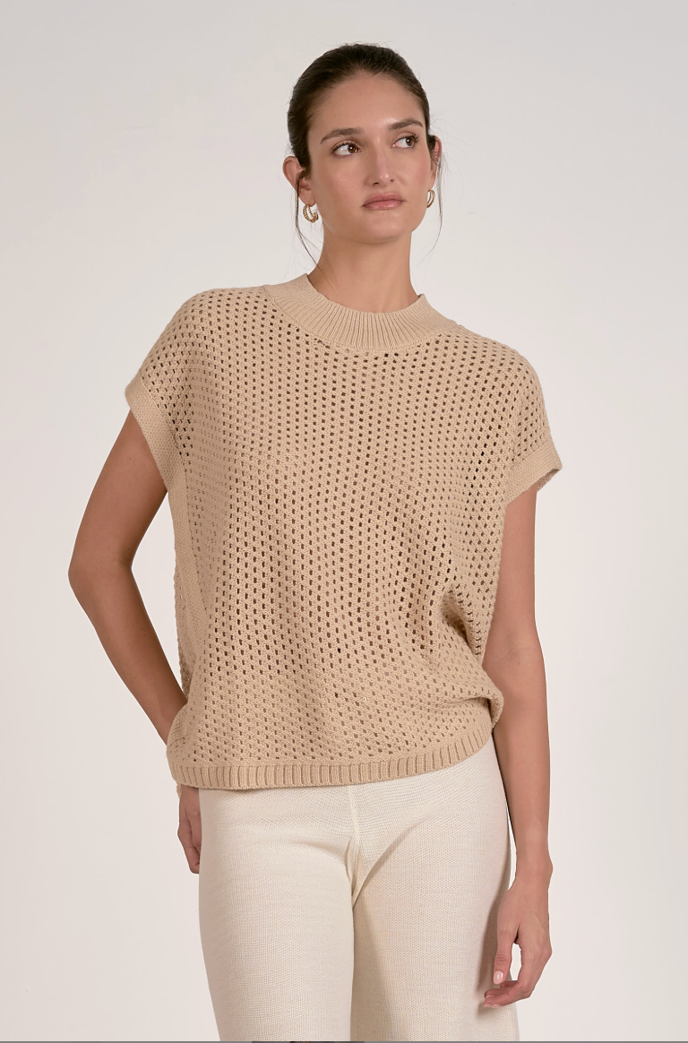 Open-Knit Short Sleeve Sweater Top