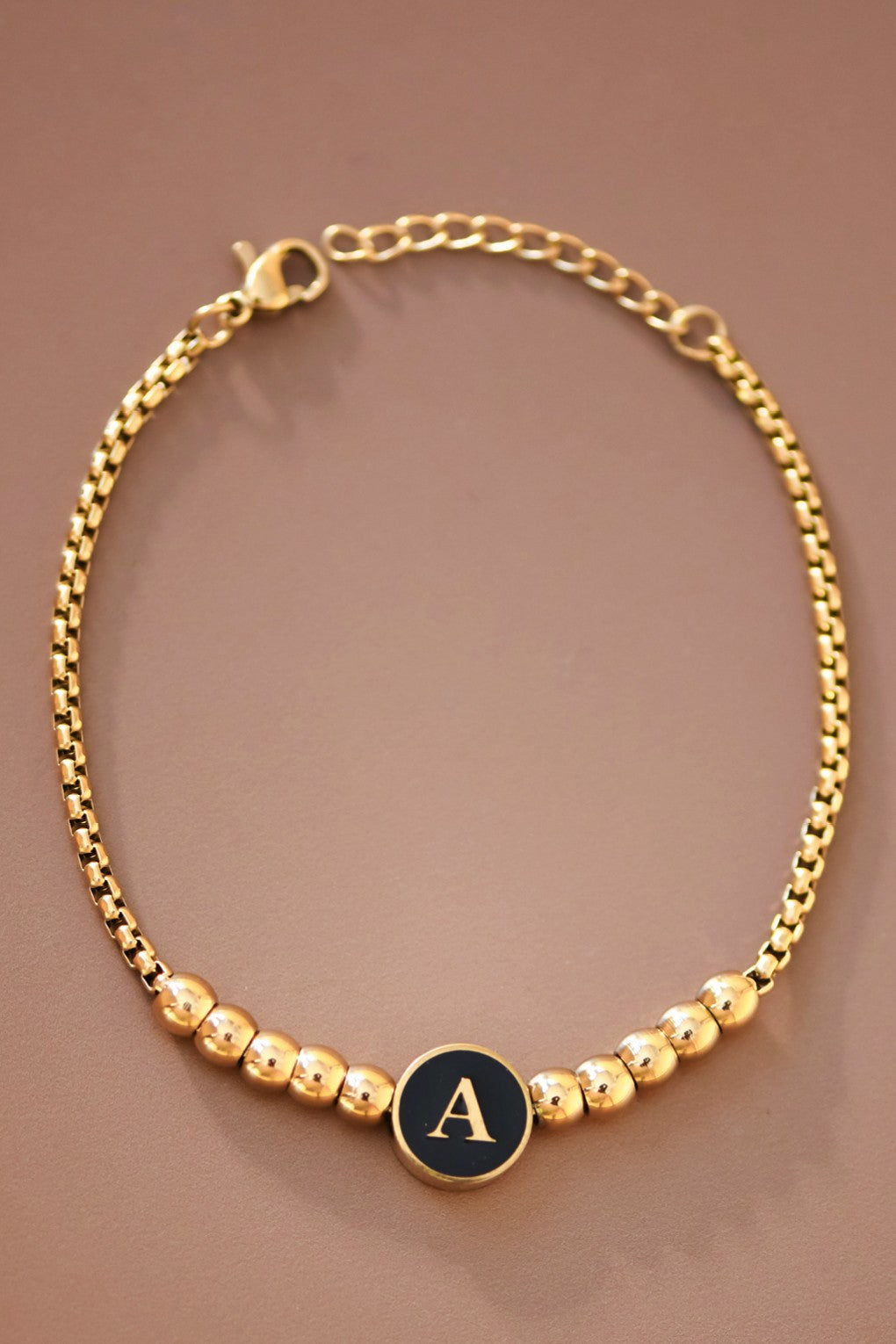Gold Beaded Initial Bracelet – Custom Letter Charm