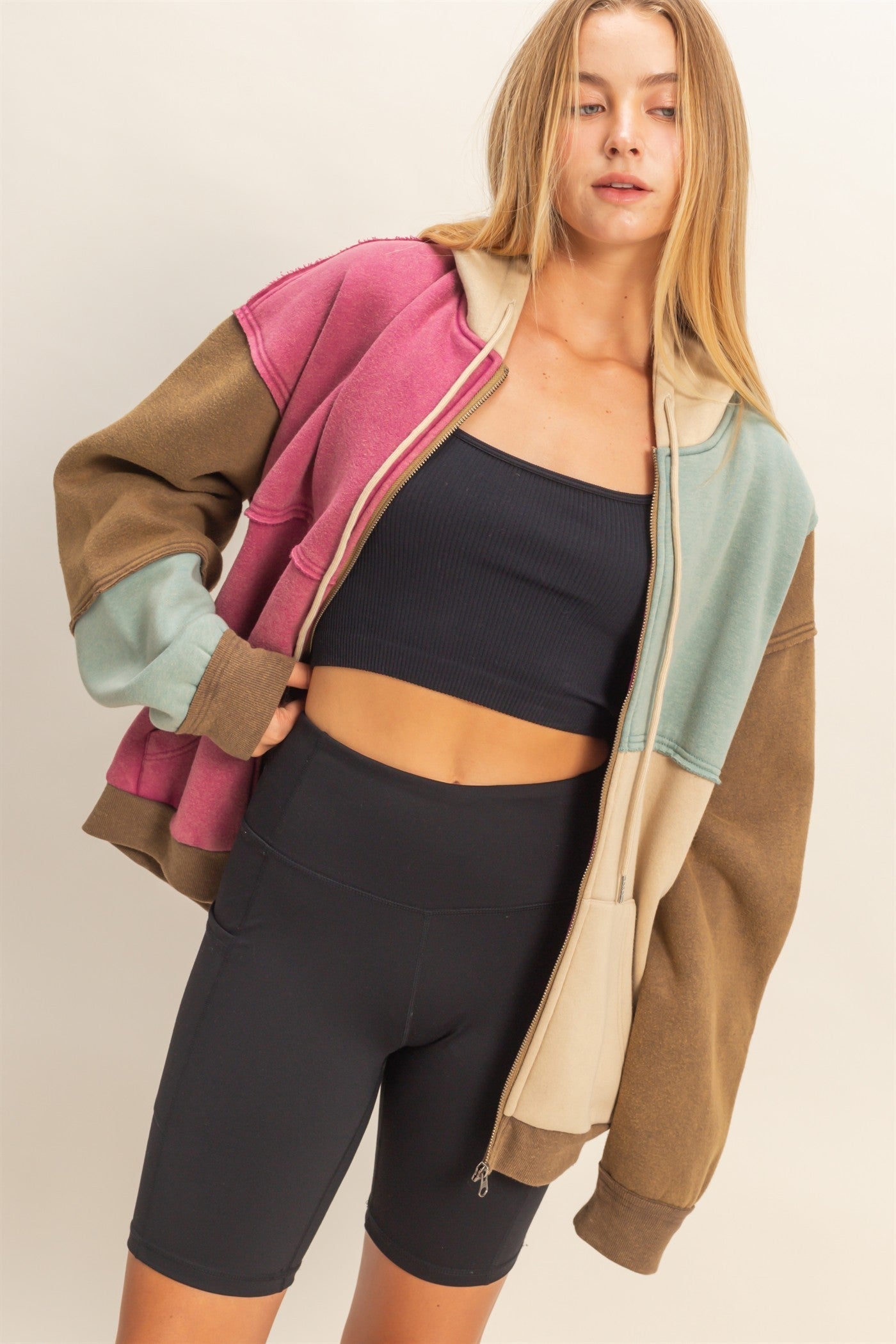 Mineral-Washed Colorblock Zip Hoodie