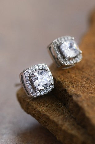 Dainty Square Studs With Clear Glass Crystals