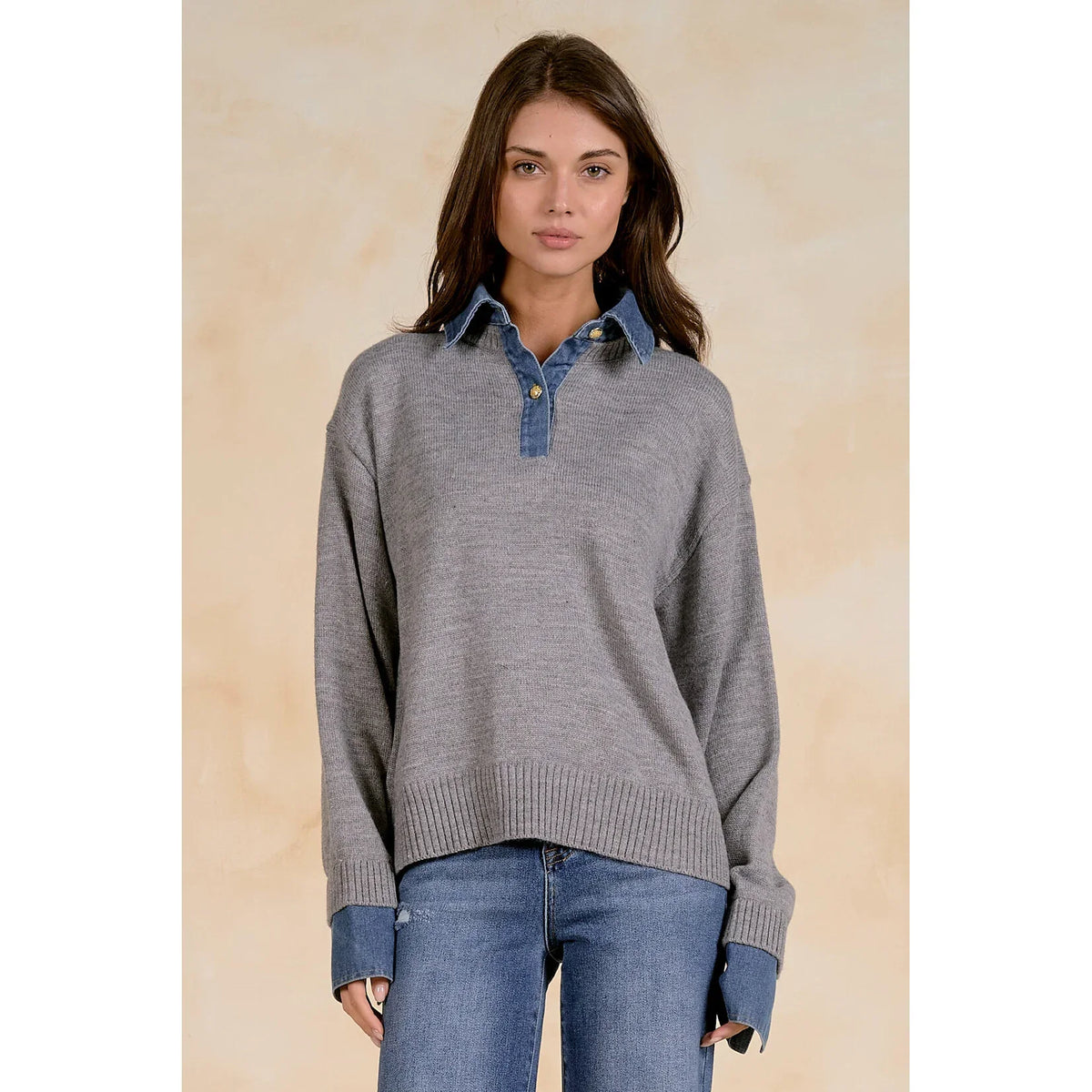 Knit Long Sleeve Denim Collared Top