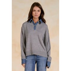 Knit Long Sleeve Denim Collared Top